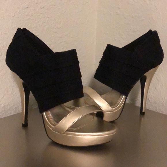 Shoe Dazzle Shoes - ShoeDazzle Metallic Gold/Black Suede Platform Heel